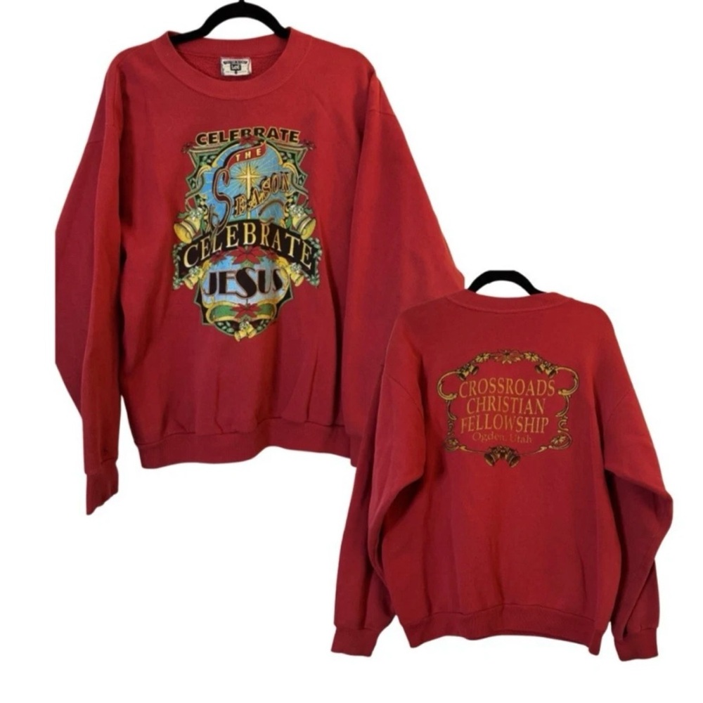 Vintage Lee Christmas Sweatshirt L Red‎ Jesus Spellout Logo 90s Made In USA